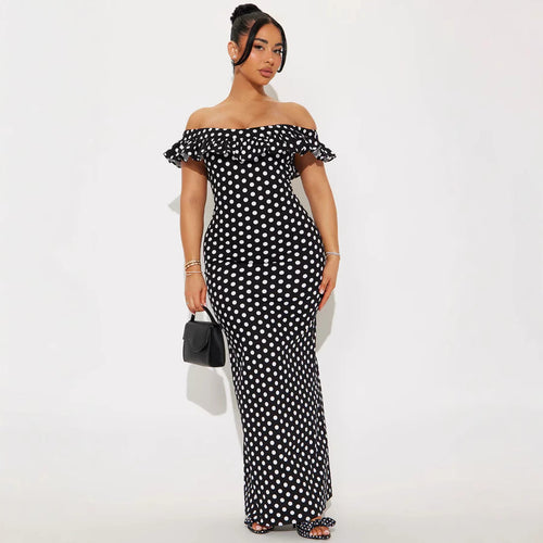 Damen Elegantes Maxikleid mit Rüschendetails und Polka-Dots Echo Archiv