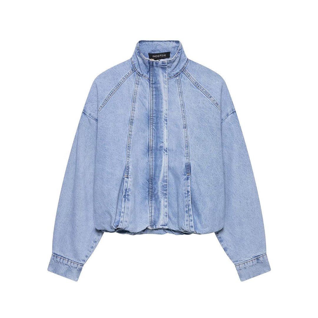 Damen Oversize Denim-Blouson mit hohem Stehkragen und elastischem Saum Echoarchiv