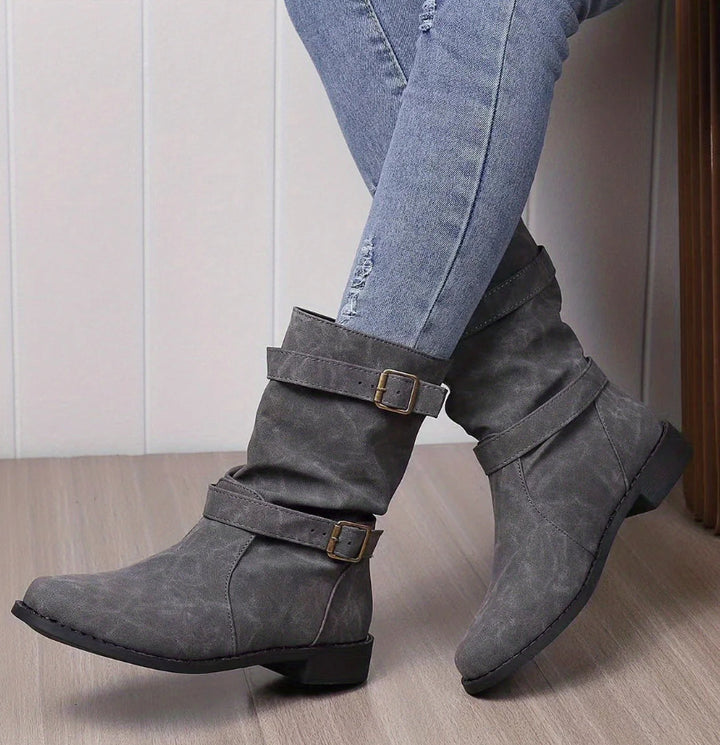 Damen nan lässige Slouch-Ankleboots mit zwei Zier-Riemen und dekorativen Metallschnallen Echo Archiv