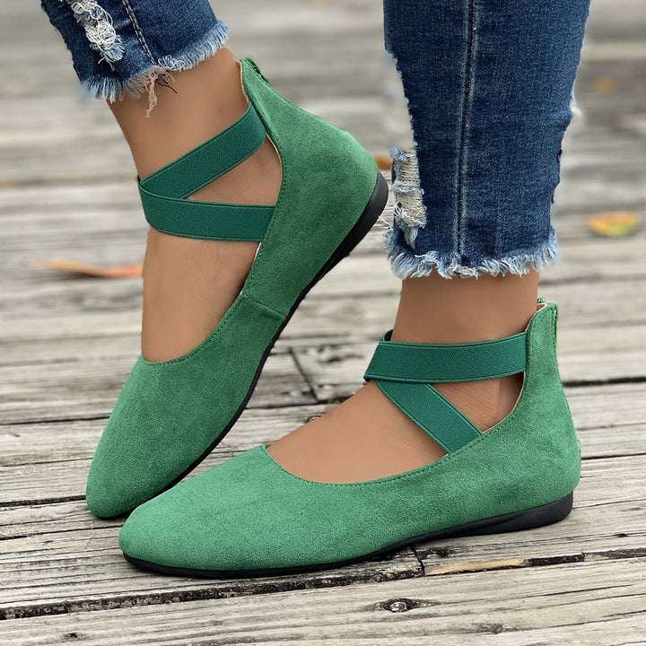Damen Flache Ballerina-Slipper aus Wildlederimitat mit elastischen Kreuzriemen – Lioré