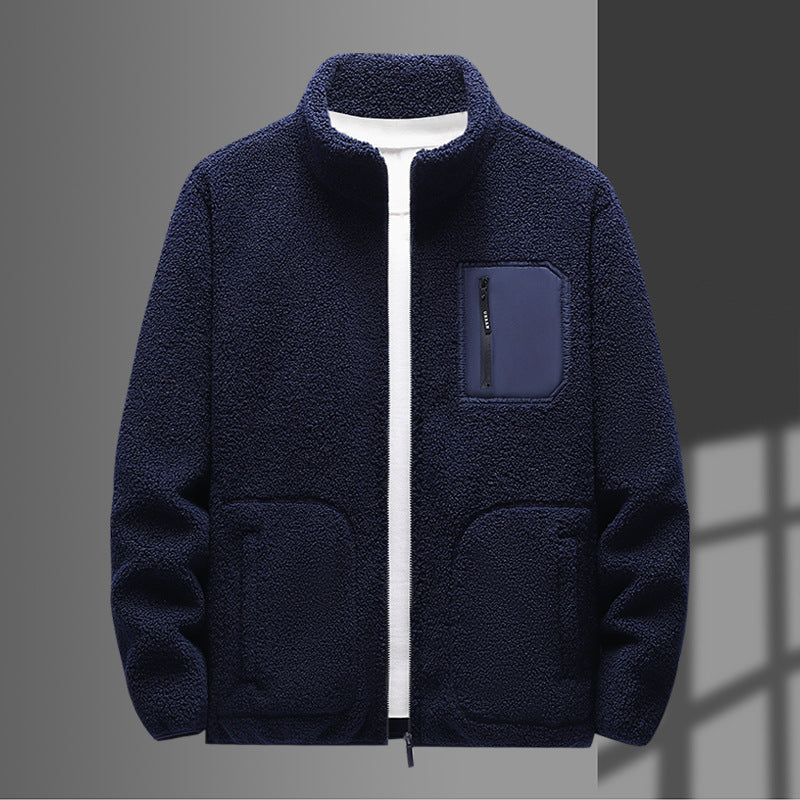Männer wärmende Teddy-Fleece-Jacke mit Stehkragen, durchgehendem Reißverschluss und Brustreißverschlusstasche – Taviero