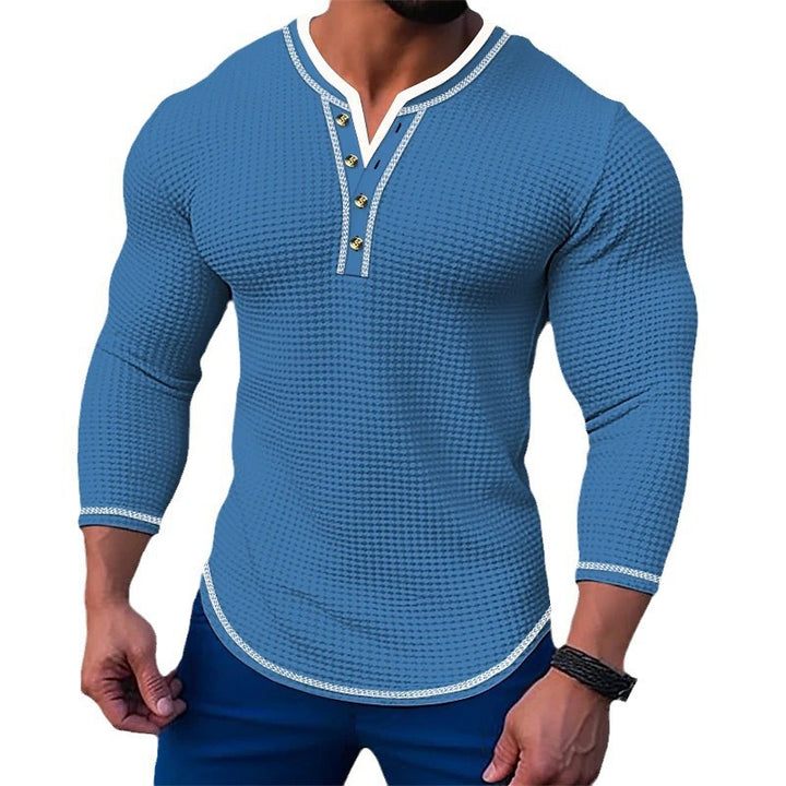Herren modisches Langarm-Henley-Shirt mit strukturiertem Design und Knopfleiste Echoarchiv