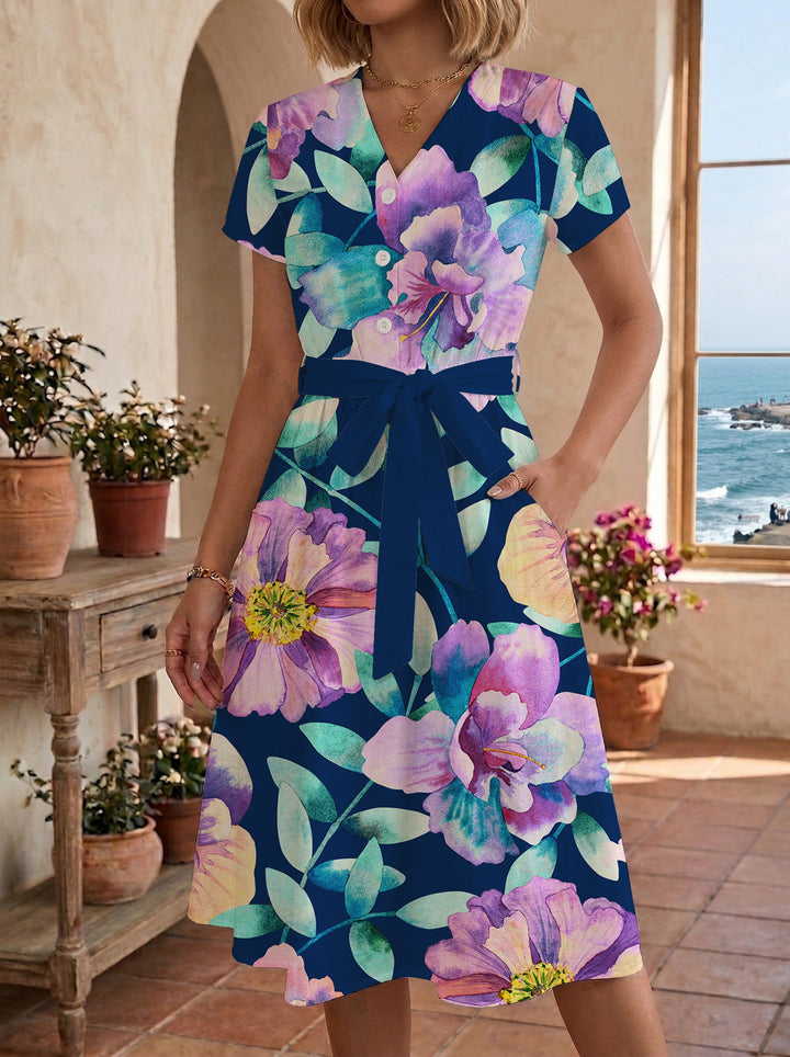 Damen Midikleid mit floralem Muster und Taillengürtel Echo Archiv
