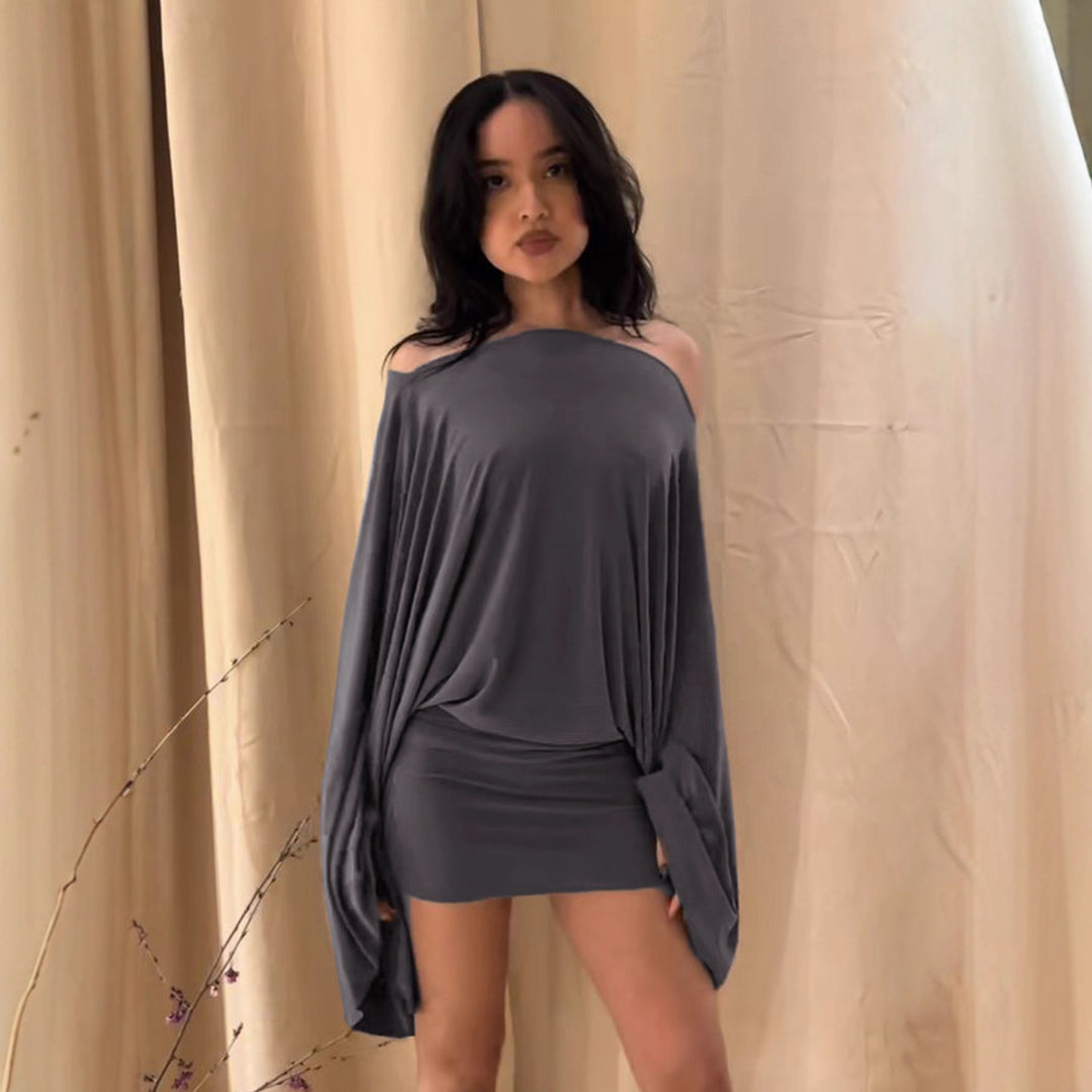 Damen nan schulterfreies Drapiertes Blouson-Top mit weitem Fledermausärmel und tailliertem Bündchen Echo Archiv