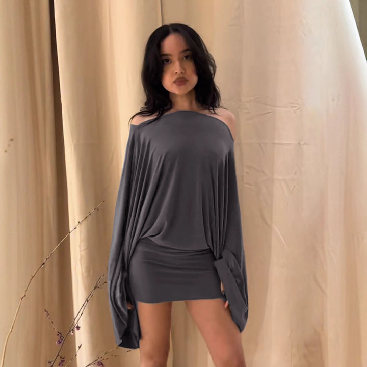 Damen nan schulterfreies Drapiertes Blouson-Top mit weitem Fledermausärmel und tailliertem Bündchen Echo Archiv