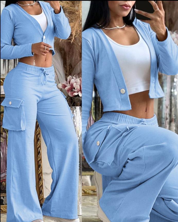 Damen Lounge-Set mit weicher Cargo-Sweathose mit weitem Bein und Cropped-Cardigan – Veloura