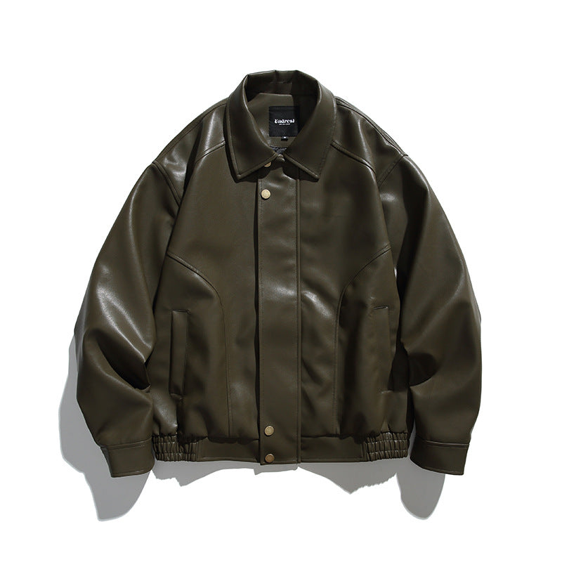 Herren Boxy-Lederimitat-Bomberjacke mit verdeckter Druckknopfleiste, elastischem Saum und aufgesetzten Eingrifftaschen Echo Archiv