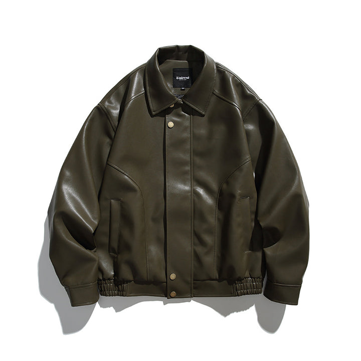 Herren Boxy-Lederimitat-Bomberjacke mit verdeckter Druckknopfleiste, elastischem Saum und aufgesetzten Eingrifftaschen Echo Archiv