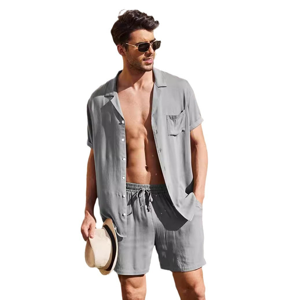 Herren nan zweiteiliges Sommer-Freizeitensemble mit offenem Revershemd und elastischer Kurzhose Echo Archiv