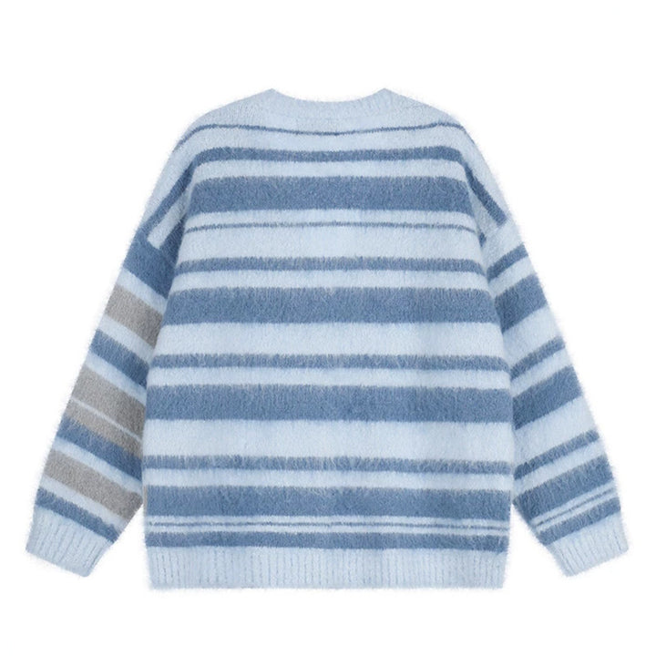 Damen Oversize-Strickjacke mit V‑Ausschnitt, kuscheliger Mohair‑Optik und gestreiftem Muster Echoarchiv