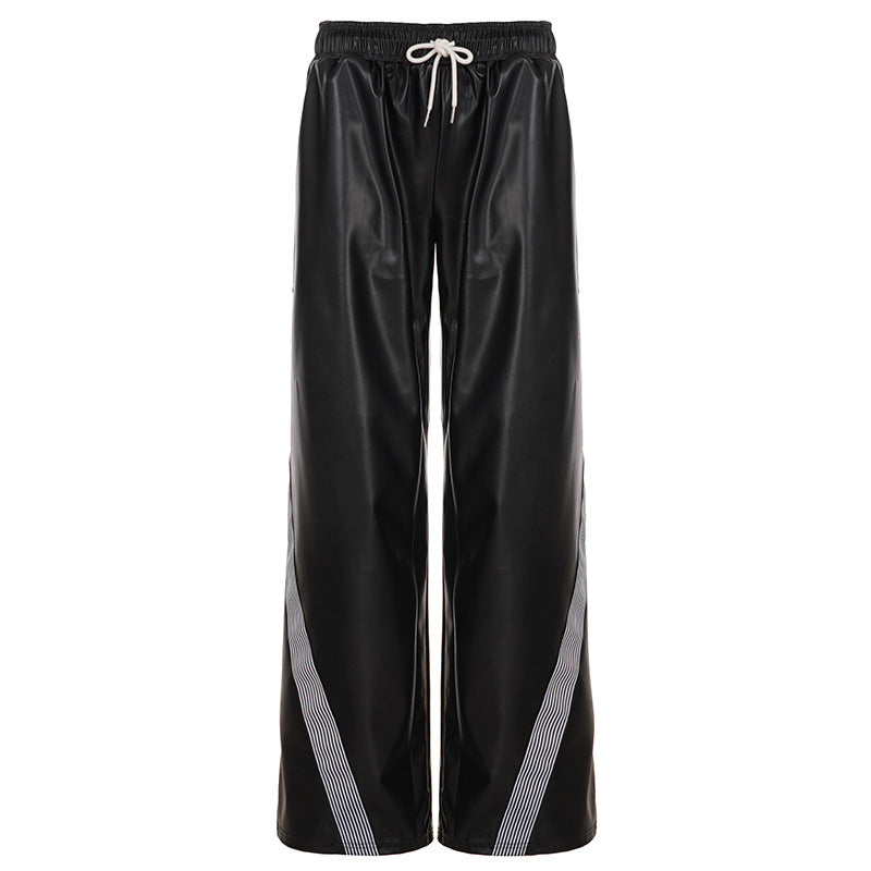Damen nan weite Kunstleder-Trackpants mit elastischem Bund, Tunnelzug und seitlichen Streifen Echo Archiv
