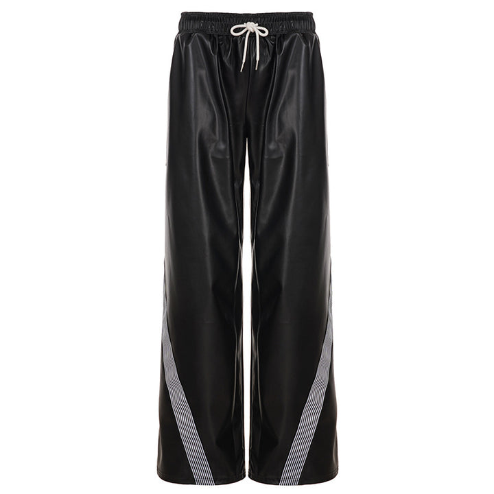 Damen nan weite Kunstleder-Trackpants mit elastischem Bund, Tunnelzug und seitlichen Streifen Echo Archiv