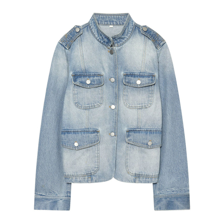 Damen Cropped Jeansjacke im Utility‑Look mit Schulterpatten und Pattentaschen Echo Archiv