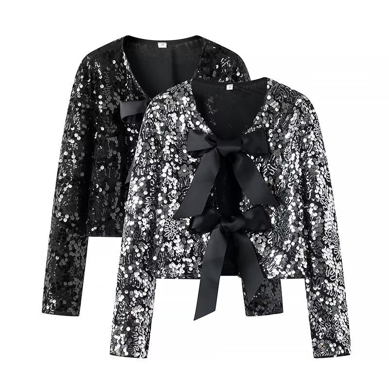 Damen Pailletten-Bolerojacke mit doppelt gebundenen Satin‑Schleifen und kurzer Cropped‑Silhouette – Célinea