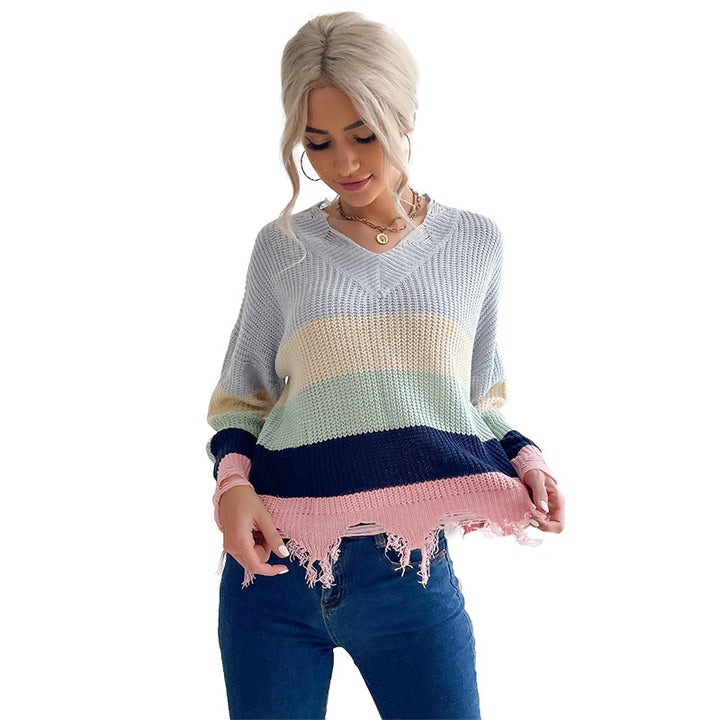 Damen Oversize Strickpullover mit V‑Ausschnitt, Streifenmuster und ausgefranstem Saum Echoarchiv