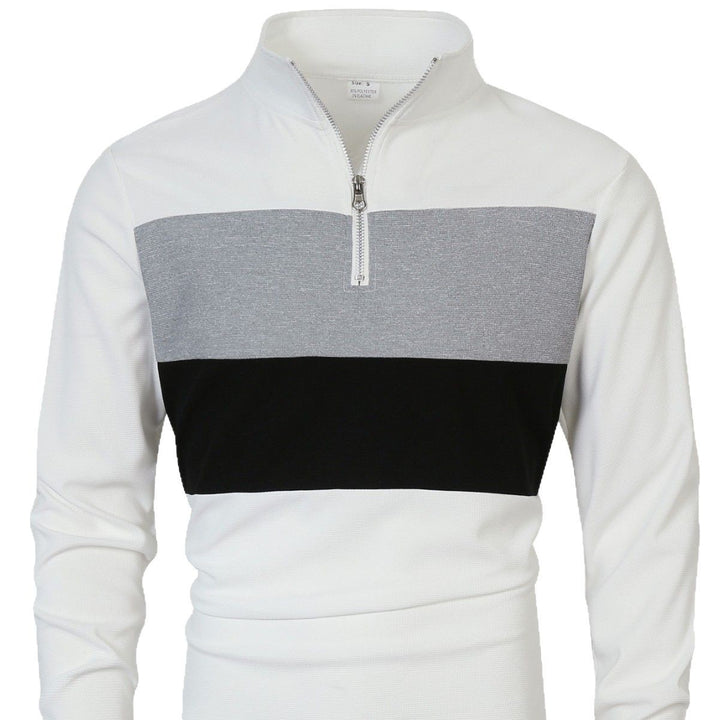 Herren Halbzip-Pullover mit Stehkragen, breitem Blockstreifen und fein gerippter Struktur – Norvane