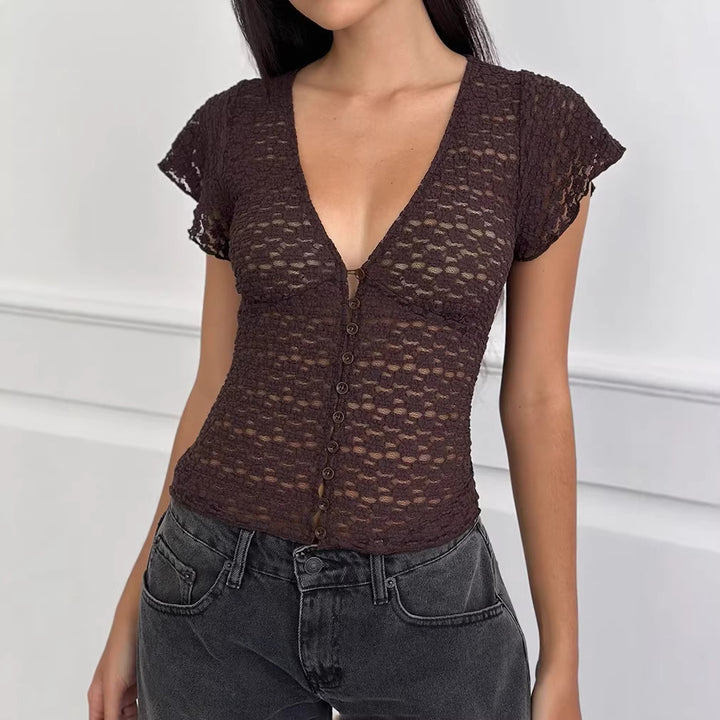 Damen Verspieltes Spitzenoberteil mit fließendem Design und kurzen Puffärmeln Echo Archiv