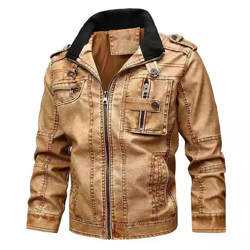 Herren Lässige Kunstleder-Bikerjacke mit Stehkragen, Reißverschluss-Front und Utility-Taschen Echoarchiv