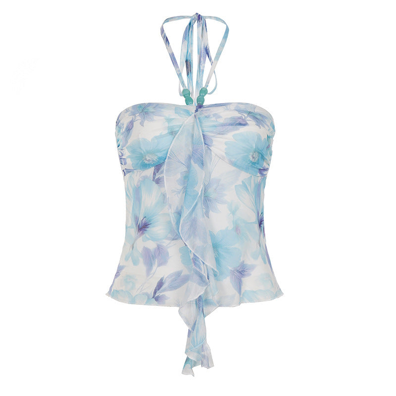Damen Spaghetti-Trägertop mit floralen Einsätzen und transparenten Rüschen Echo Archiv