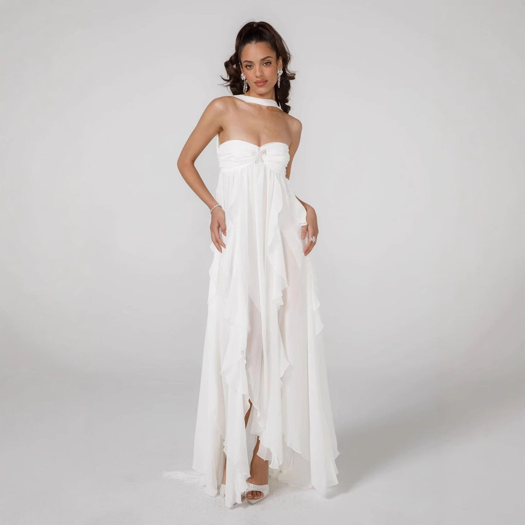 Damen Elegantes Maxi-Kleid mit asymmetrischem Saum und zarten Rüschendetails Echo Archiv