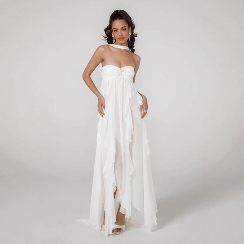 Damen Elegantes Maxi-Kleid mit asymmetrischem Saum und zarten Rüschendetails Echo Archiv