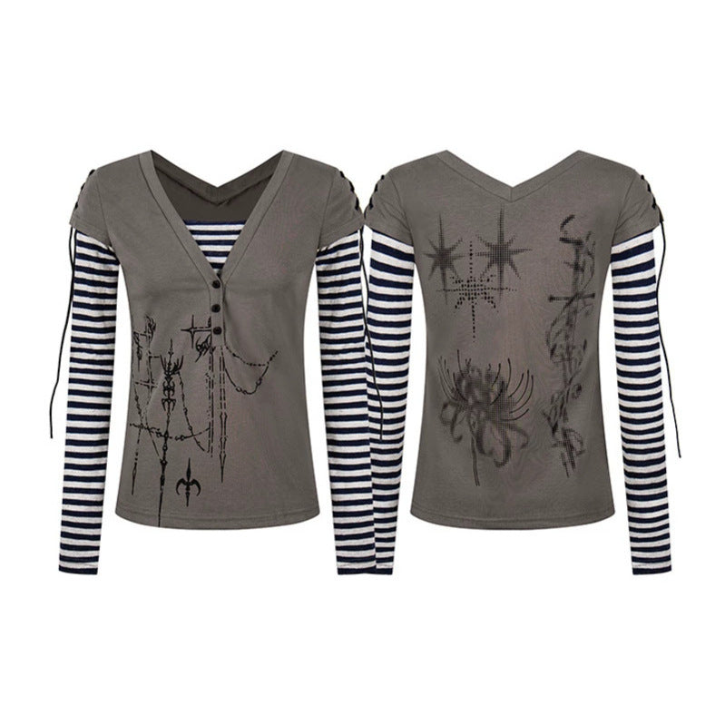 Damen Lagen-Langarmshirt mit V-Ausschnitt, Streifen-Innenlayer und Schnürdetail Echoarchiv