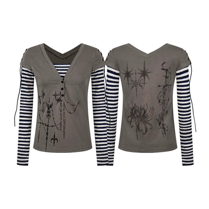 Damen Lagen-Langarmshirt mit V-Ausschnitt, Streifen-Innenlayer und Schnürdetail Echoarchiv