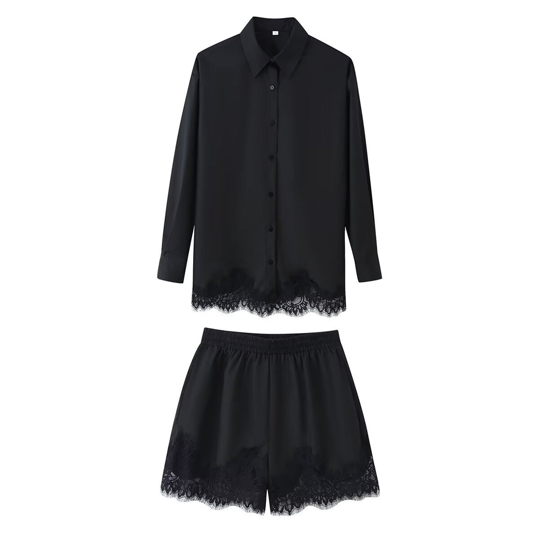 Damen Zweiteiliges Satin-Schlafanzug-Set mit Spitzenbesatz und Hemdjacke Echo Archiv