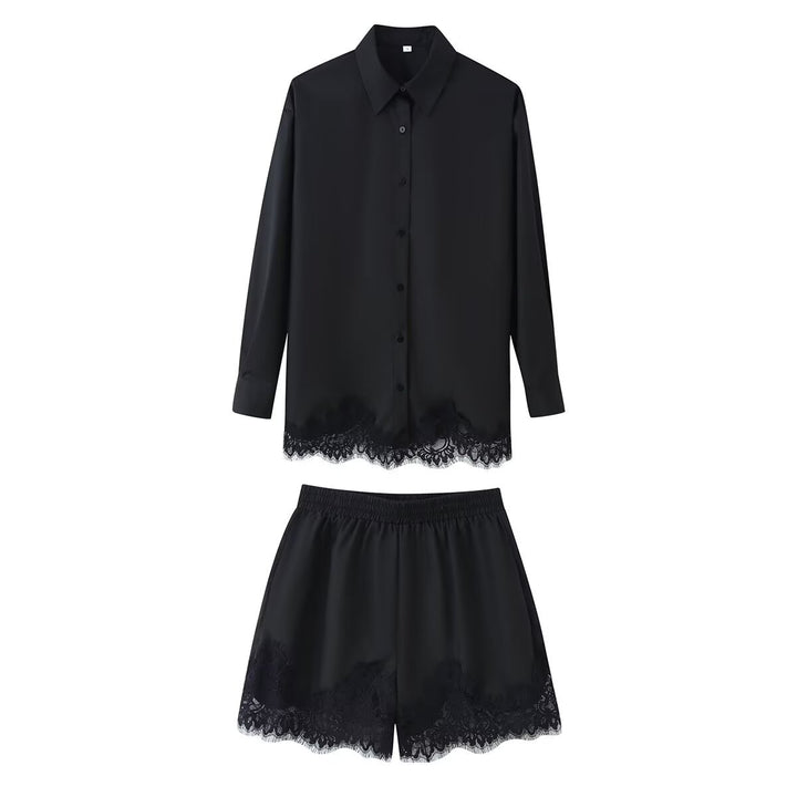 Damen Zweiteiliges Satin-Schlafanzug-Set mit Spitzenbesatz und Hemdjacke Echo Archiv
