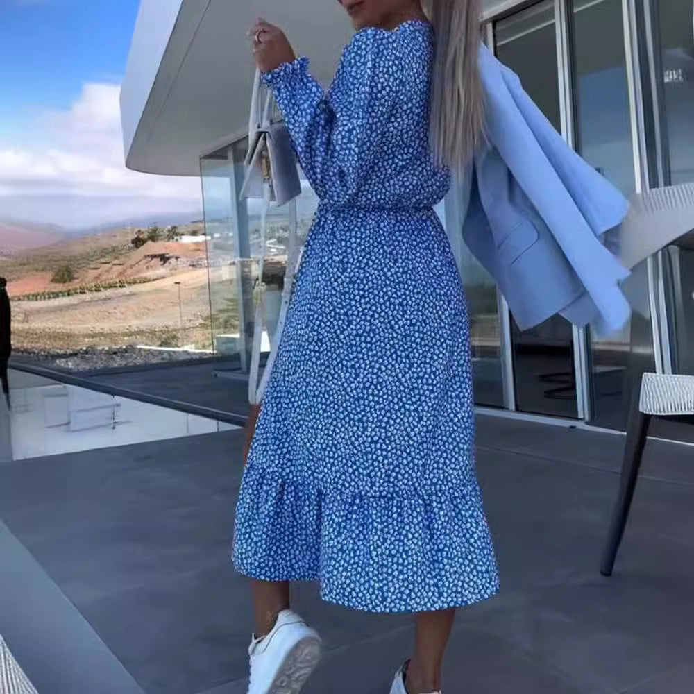 Damen nan Midikleid mit V-Ausschnitt geraffter Taillennaht langen Ärmeln Volant-Saum und seitlichem Beinschlitz Echo Archiv