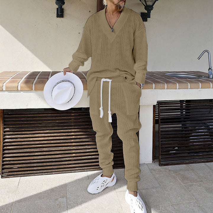 Herren Strukturiertes Strick-Loungewear-Set mit V-Ausschnitt und Tunnelzug-Jogginghose – Norvane