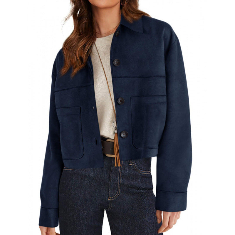 Damen kurze Wildleder-Optik Jacke mit aufgesetzten Taschen und Hemdkragen Echo Archiv