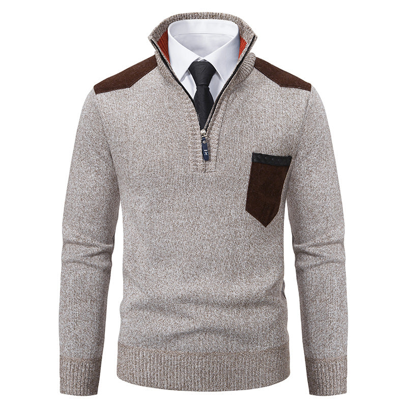 Herren nan Feinstrick-Halbzip-Pullover mit Stehkragen, Brusttasche und Schulterbesatz Echo Archiv