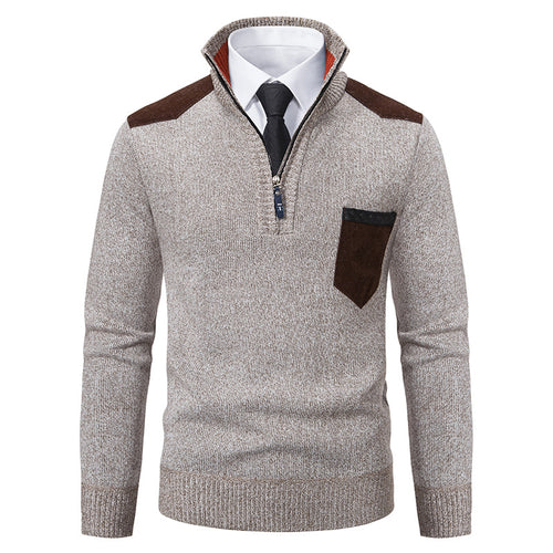 Herren nan Feinstrick-Halbzip-Pullover mit Stehkragen, Brusttasche und Schulterbesatz Echo Archiv