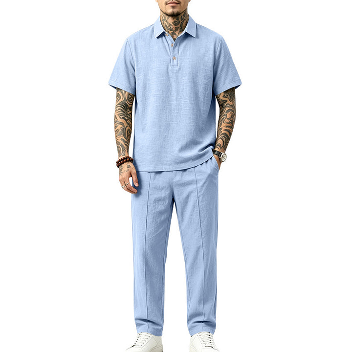 Herren Polo-Lounge-Set aus leichter Leinenmischung mit Kurzarm-Polo und gerader Bundfaltenhose Echoarchiv