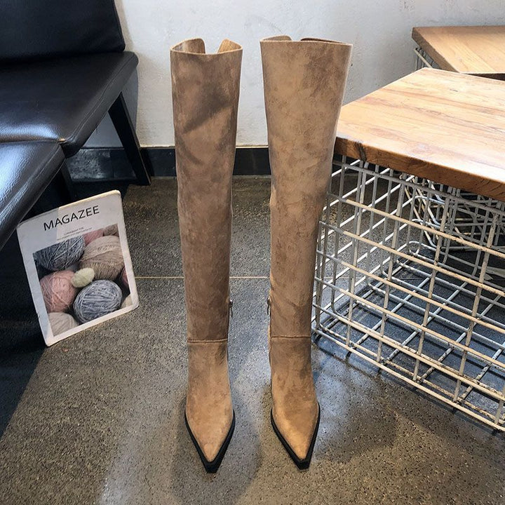 Damen Overknee-Stiefel aus Veloursoptik mit spitzer Zehenform und schmalem Absatz Echo Archiv