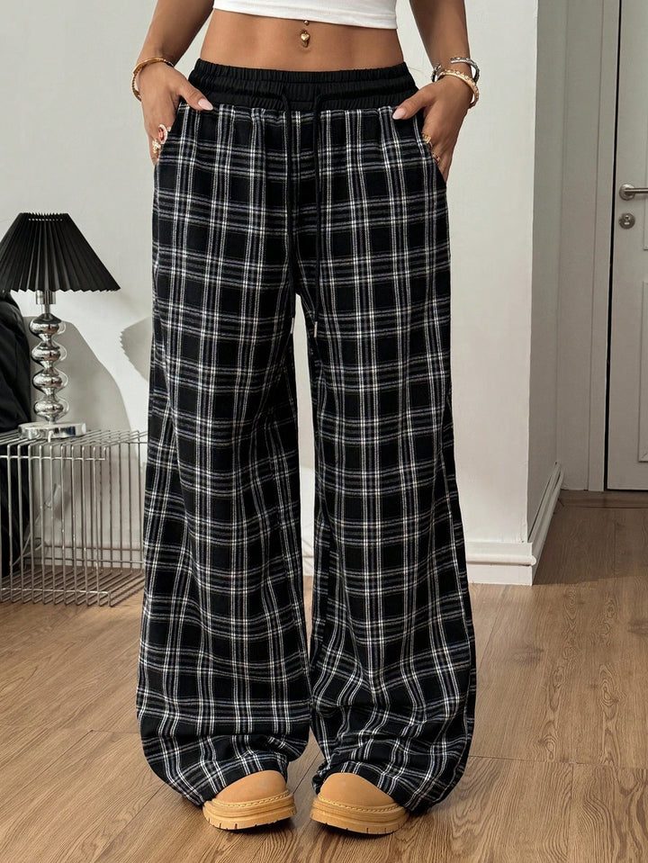 Damen weite karierte Lounge-Hose mit hohem Gummibund und Kordelzug Echo Archiv