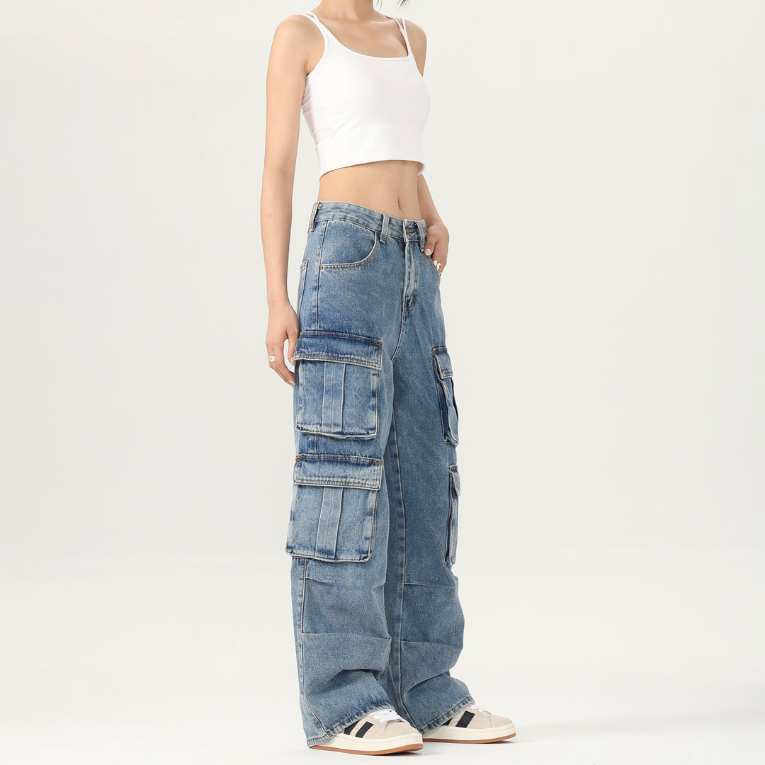 Damen Weite Cargo-Denimhose mit mehreren Klappentaschen und Baggy‑Silhouette Echo Archiv
