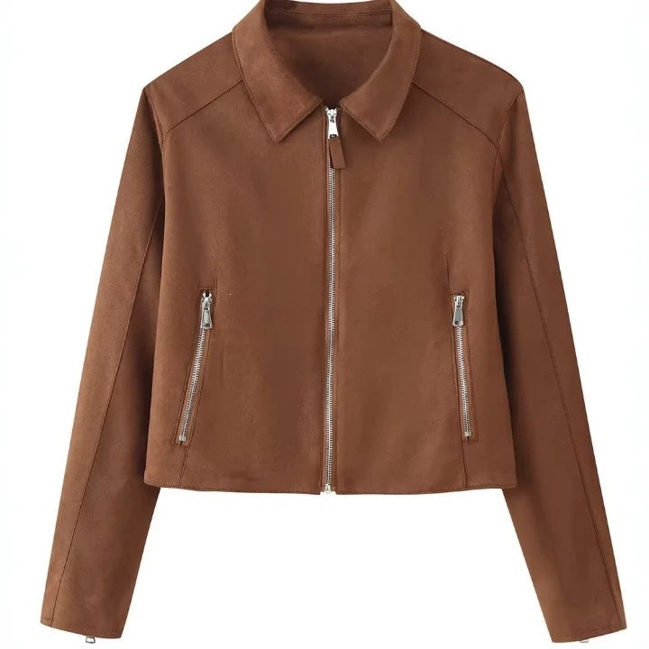 Damen Gekürzte Velourslederjacke mit Hemdkragen, durchgehendem Metallreißverschluss und Zipper-Taschen Echo Archiv