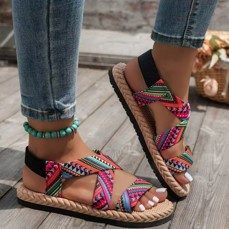 Damen nan flache Espadrille-Riemchensandalen mit geflochtenem Bastrand, elastischem Fersenband und gekreuzten Ethno-Riemen Echo Archiv