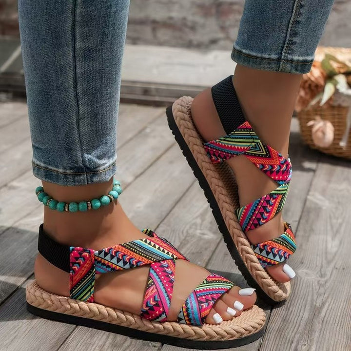 Damen nan flache Espadrille-Riemchensandalen mit geflochtenem Bastrand, elastischem Fersenband und gekreuzten Ethno-Riemen Echo Archiv