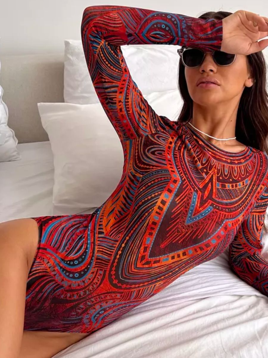 Damen Bodysuit mit langem Arm und abstraktem Muster Echo Archiv