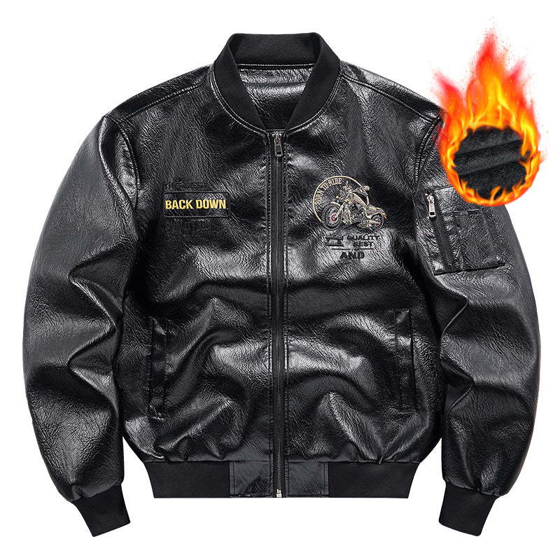 Herren Biker Lederimitat Bomberjacke mit Stickpatches und Ärmeltasche – Brevano