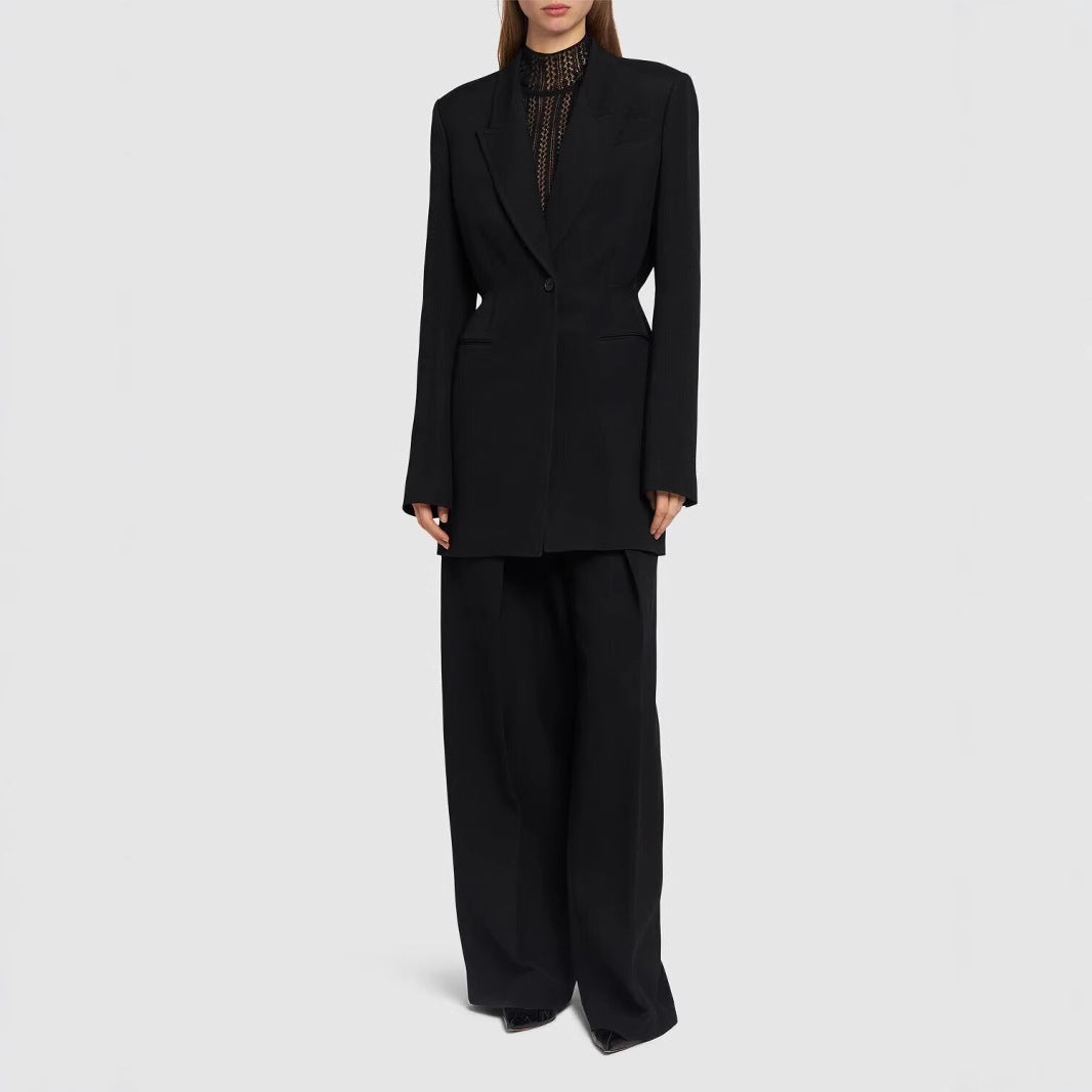 Damen Einreihiger Longblazer mit taillierter Silhouette und weiter Palazzohose Echoarchiv