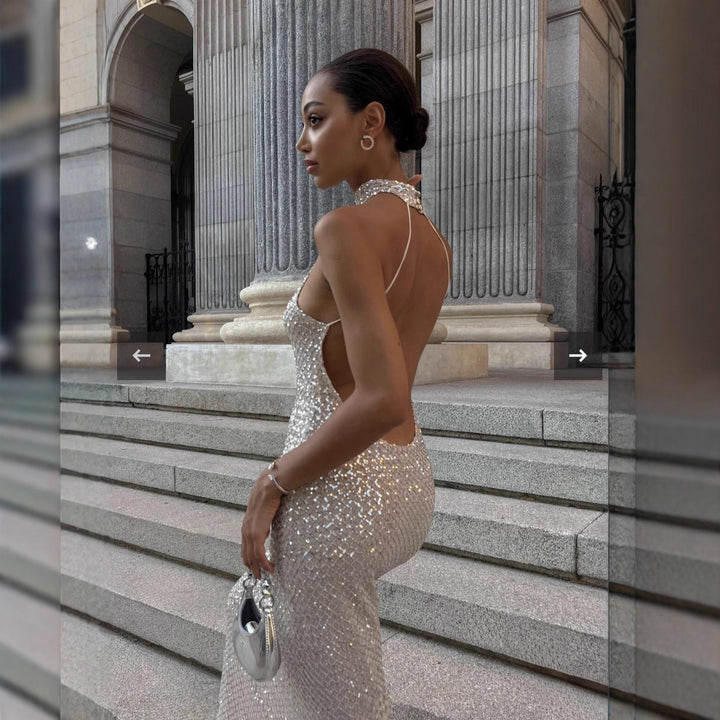 Damen glamouröses Langkleid mit funkelndem Paillettenbesatz Echo Archiv