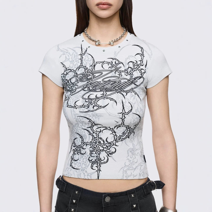 Damen Figurbetontes Kurzarm-T-Shirt mit Grafischem Design Echo Archiv