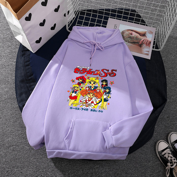 Damen Oversize-Kapuzenpullover mit gerautem Fleecefutter, Retro‑Anime‑Print und Kängurutasche – Auréline