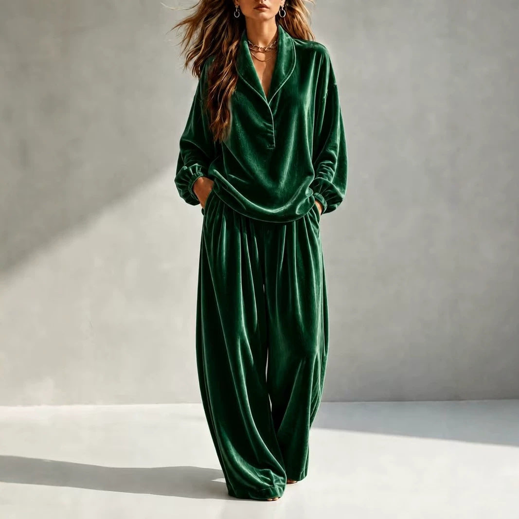 Damen Luxuriöses Velours-Loungewear-Set mit Schalkragen und weiter Palazzo-Hose Echoarchiv