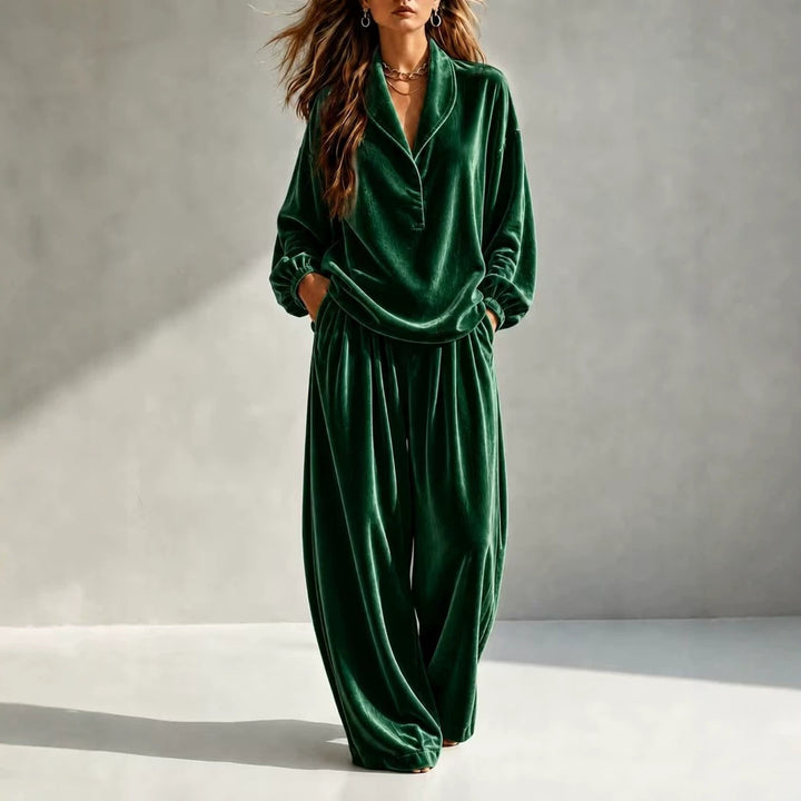 Damen Luxuriöses Velours-Loungewear-Set mit Schalkragen und weiter Palazzo-Hose Echoarchiv