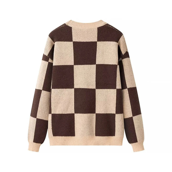 Damen nan oversized Strickpullover mit Schachbrettmuster, geripptem Saum und Rundhalsausschnitt Echo Archiv